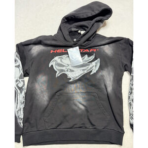 New Hellstar Records Skulls Black Sun Faded Skale Hoodie Mens Large Vintage Wash